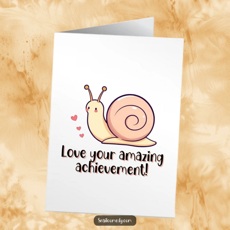 Funny Free Printable Congratulations Card showing a Kawaii snail playfully leaving a delightful trail of small hearts as it moves forward.