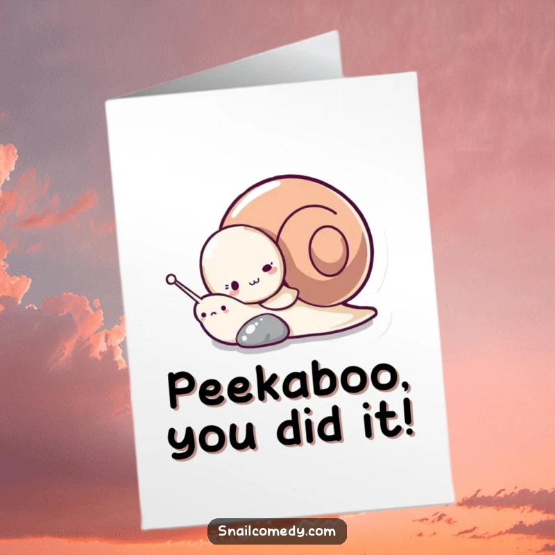 Funny Free Printable Congratulations Card: Adorable snail mischievously hiding behind a pebble, offering a shy yet happy congrats.