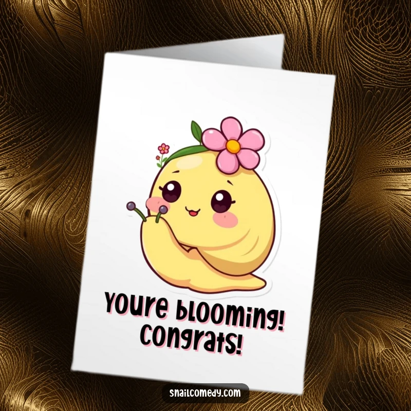 Cute Free Printable Congratulations Card of a happy kawaii snail wearing a tiny flower as a hat, celebrating success adorably.