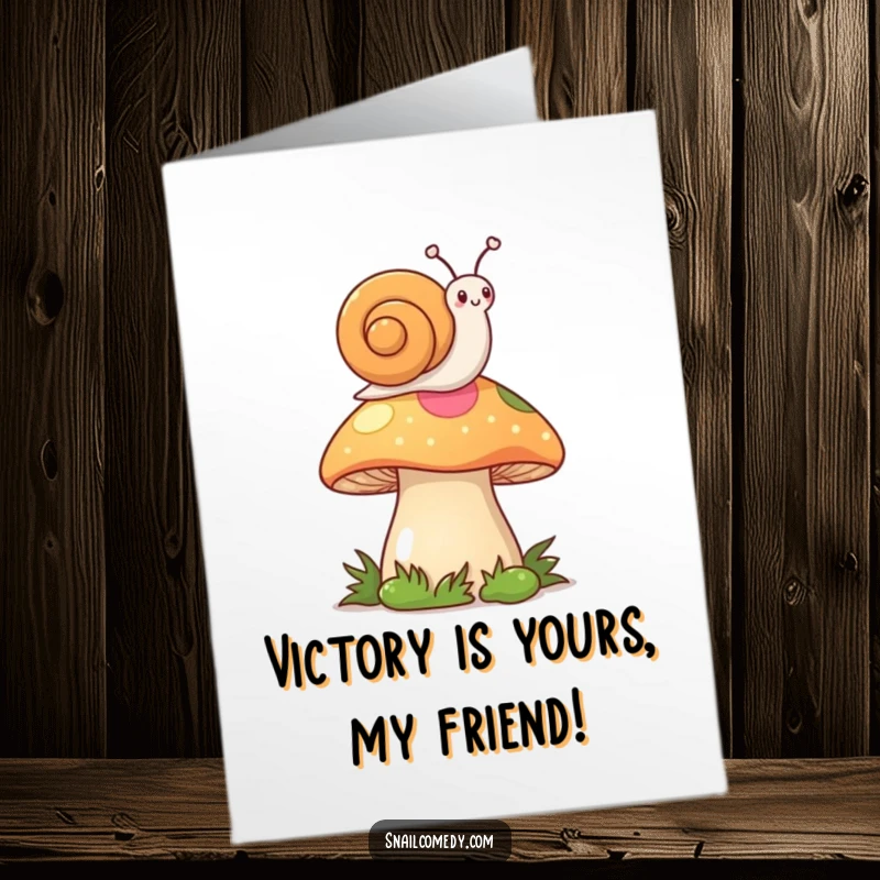 Funny Free Printable Congratulations Card: A happy kawaii snail waves a flag from a mushroom, celebrating their win.