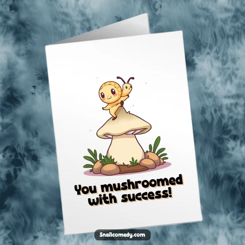 Funny Free Printable Congratulations Card: A snail dances with abandon on a mushroom cap, celebrating achievement.