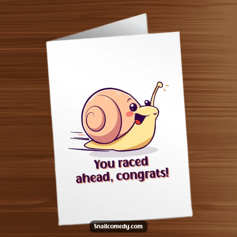 Excited Free Printable Congratulations Card of a kawaii snail zooming forward with surprising speed, celebrating achievements with energetic flair.