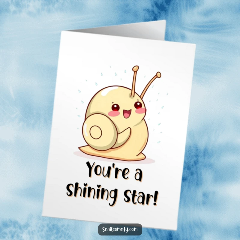 Funny Free Printable Congrats Card: Kawaii snail gleefully showering itself with tiny sparkling raindrops, celebrating success.