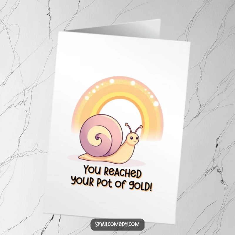 Funny Free Printable Congratulations Card: happy snail looking at a giant shimmering rainbow, a whimsical downloadable gift.
