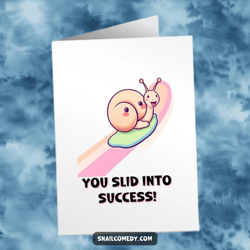 Funny Free Printable Rainbow Snail Congratulations Card: Happy snail sliding a rainbow, celebrating success with a joyful, colorful expression.