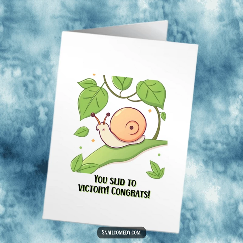Funny Free Printable Congratulations Card: A kawaii snail with a huge grin, sliding ecstatically down a vibrant, leafy incline.