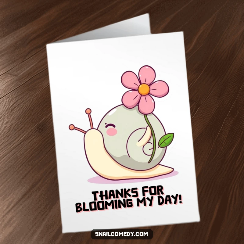 Funny Free Printable Thank You Card featuring a happy Kawaii snail with a bright flower perched proudly on its shell, a symbol of thanks.