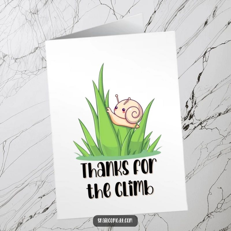 Funny Free Printable Thank You Card: A cute kawaii snail paused on a tall blade of grass, offering thanks.