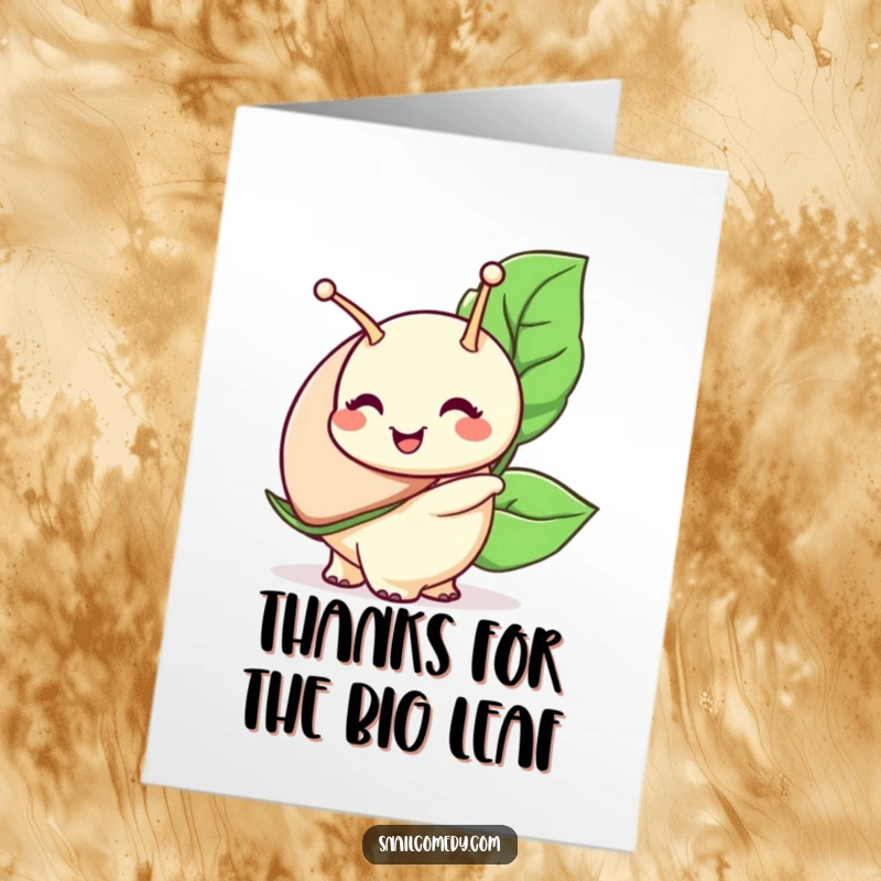 Funny Free Printable Thank You Card: Snail character with a wide smile carries a large leaf, a happy thank you gesture.