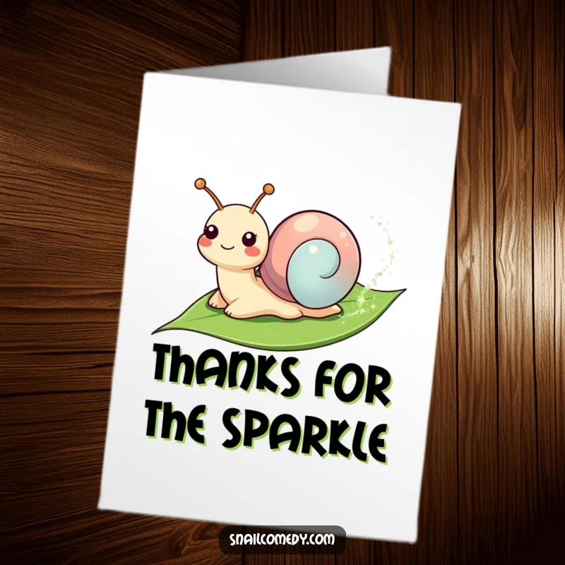 Funny Free Printable Thank You Card: A smiling snail creating a sparkly trail on a leaf, a DIY gift.