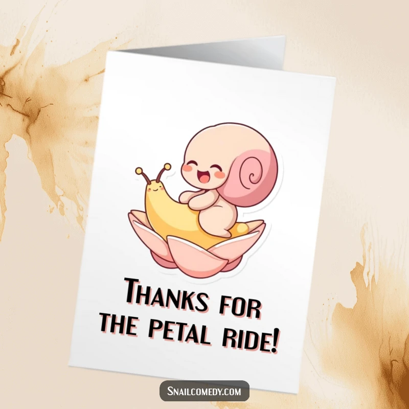Funny Free Printable Thank You Card: A snail enjoys a giggle while floating serenely on a petal.