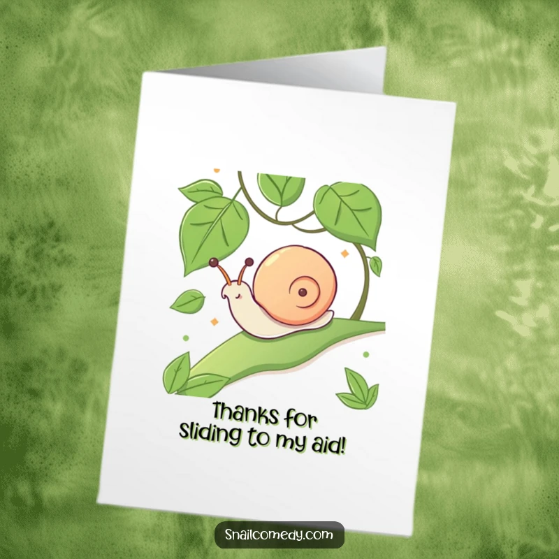 Funny Free Printable Thank You Card: A cute kawaii snail joyously sliding downhill on a leaf, radiating happiness and fun.