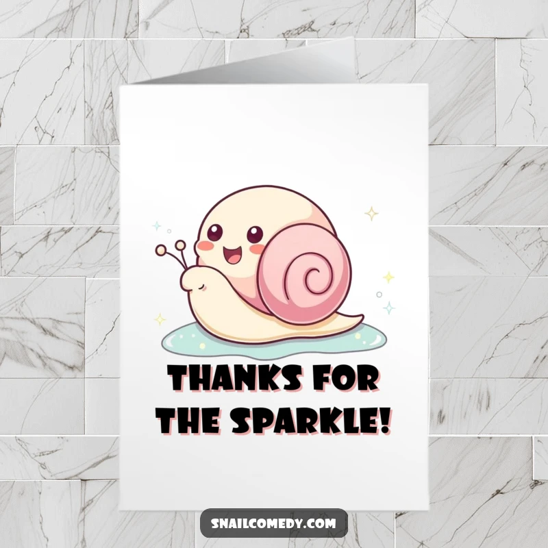 Funny Free Printable Thank You Card: A happy kawaii snail leaving a shiny, sparkling slime trail, conveying thanks.