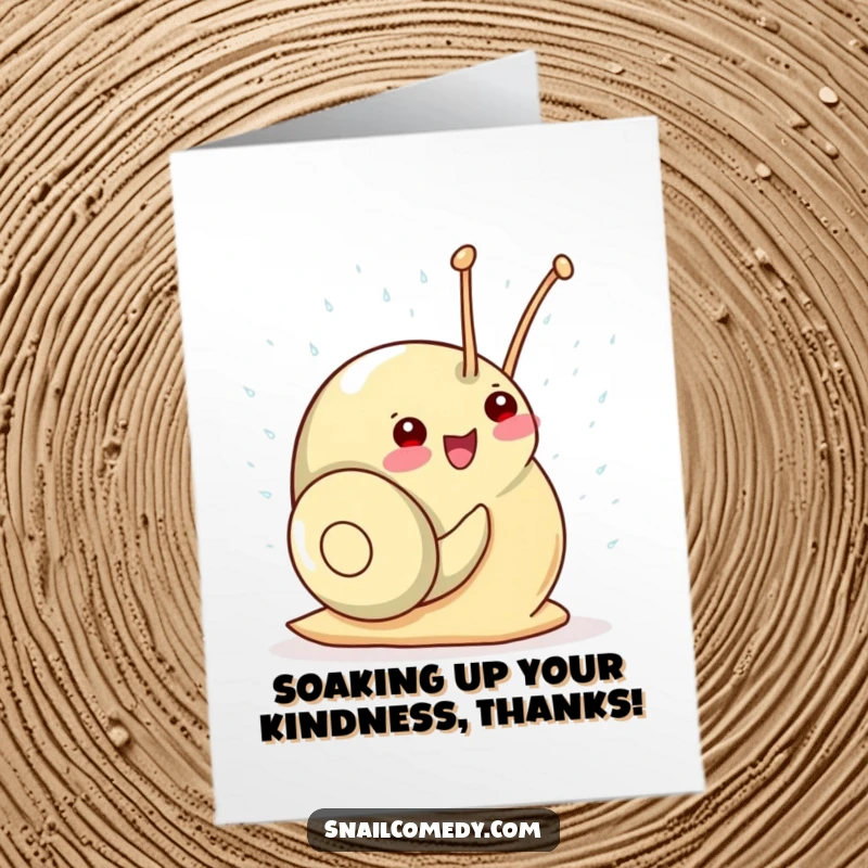 Funny Free Printable Thank You Card: Kawaii snail gleefully showering itself with tiny sparkling raindrops, expressing gratitude.