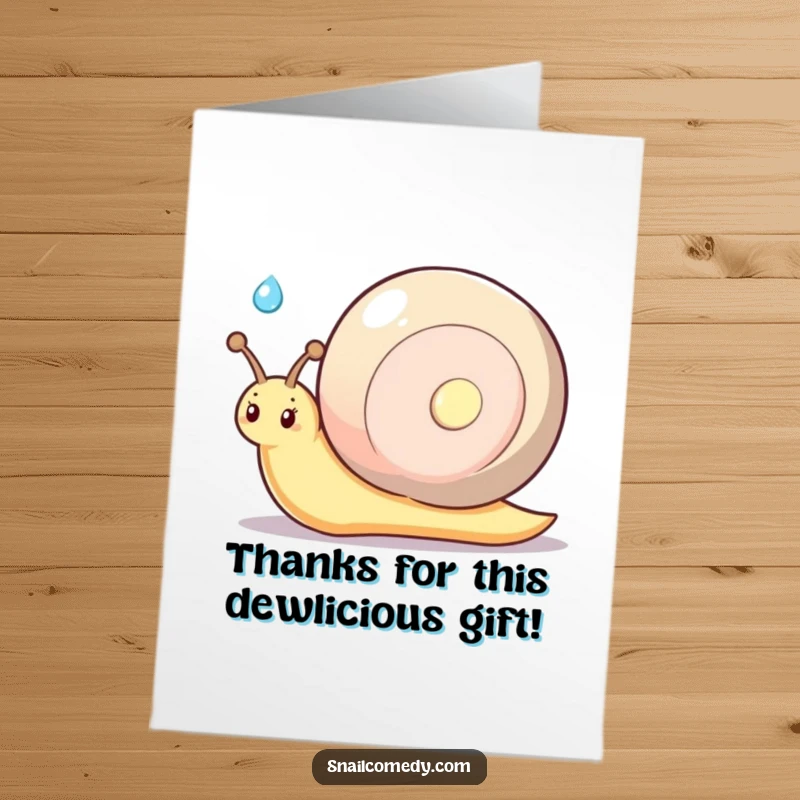 Funny Free Printable Thank You Card: Shy kawaii snail offering a sparkling dewdrop with a gentle smile.