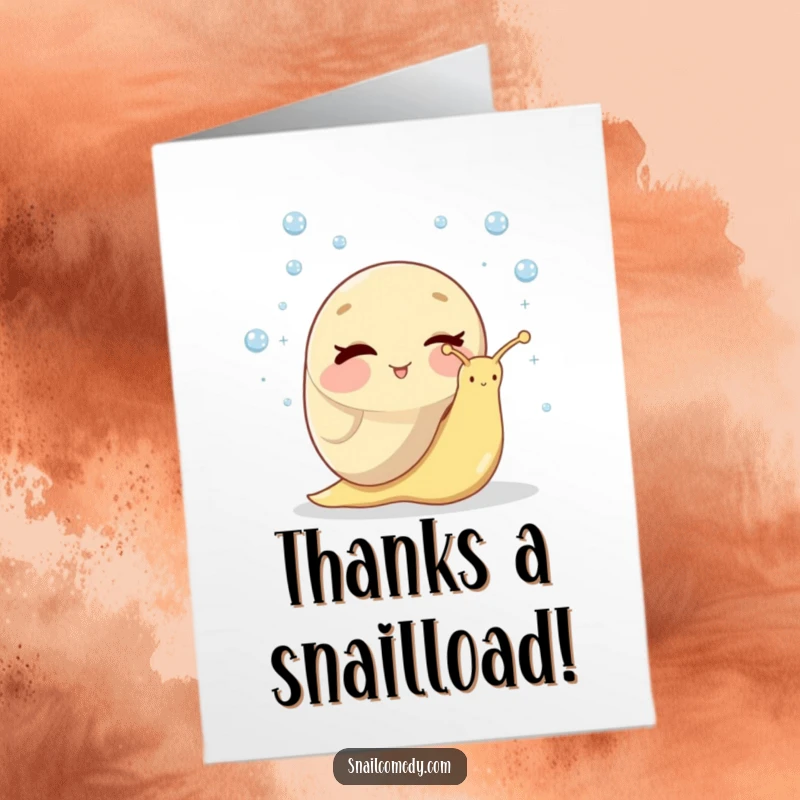 Funny Free Printable Thank You Card: A charming snail winks while juggling dewdrops, conveying heartfelt thanks with a humorous touch.