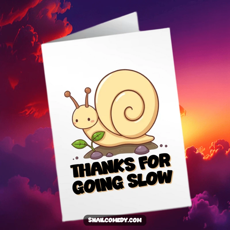 Funny Free Printable Thank You Card: Kawaii snail character steadily climbs a plant, a symbol of patient thanks.