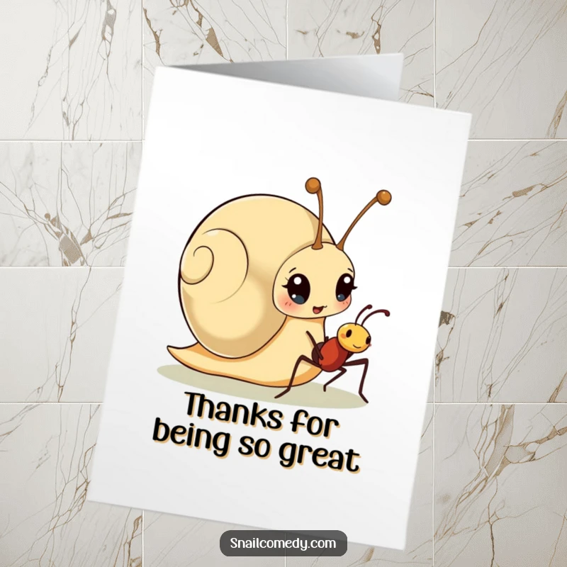 Funny Free Printable Thank You Card: Snail surprised by a friendly ant, a quirky and cute thank you message.