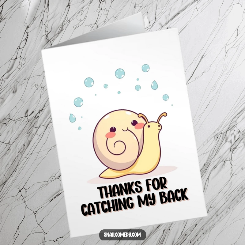 Happy Free Printable Thank You Card of a kawaii snail juggling tiny raindrops with a joyful expression and a big smile.
