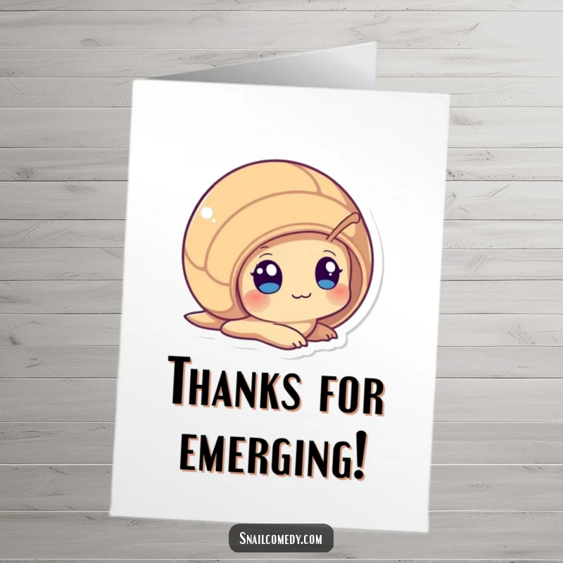 Funny Free Printable Thank You Card with a curious Kawaii snail playfully peeking from its shell with wide, gentle eyes.