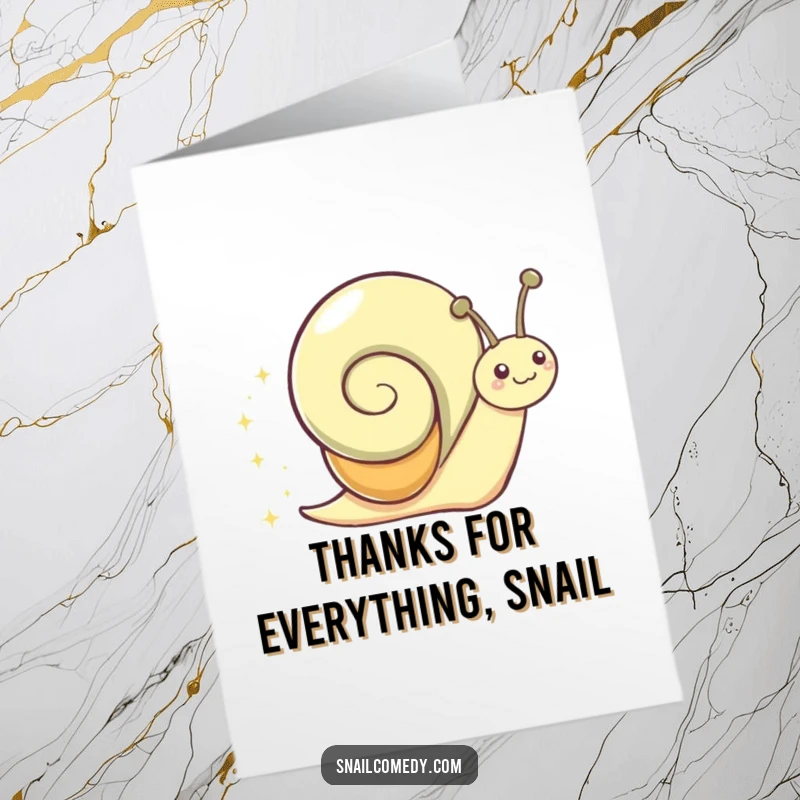 Funny Free Printable Thank You Card: A playful snail slides along a fabulous sparkly trail, showing gratitude with a happy expression.