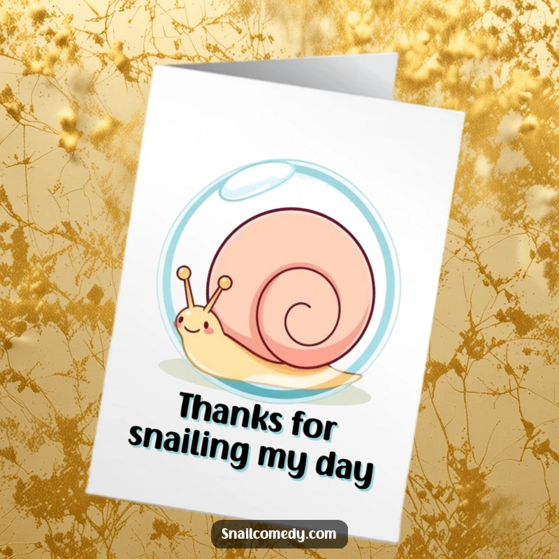 Funny Free Printable Thank You Card: Playful kawaii snail peeking from behind a large dewdrop, offering a sweet thank you.