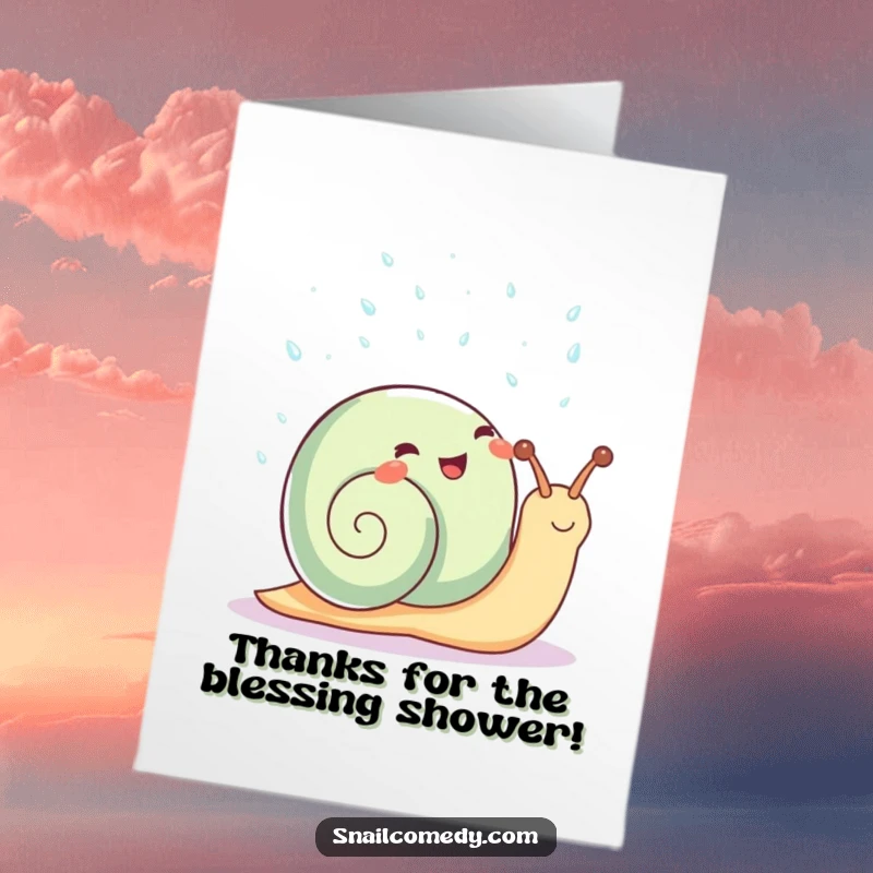 Funny Free Printable Thank You Card: A kawaii snail gleefully showers in sparkling raindrops, a downloadable thank you.