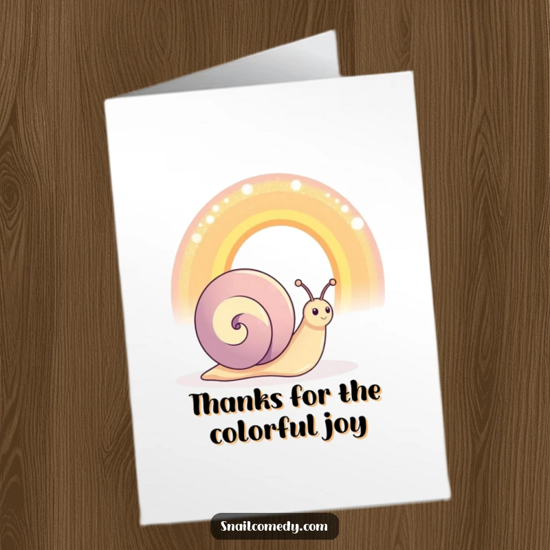 Funny Free Printable Thank You Card: happy snail admiring a large shimmering rainbow, a whimsical DIY gift.