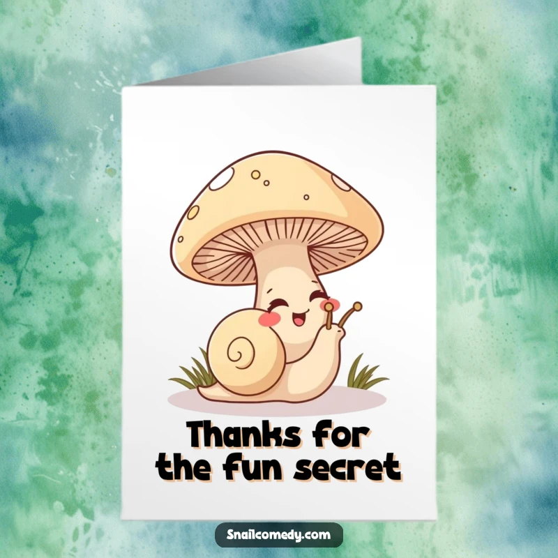Funny Free Printable Thank You Card: A mischievous snail hides under a mushroom, peeking out with a contagious giggle to say thank you.