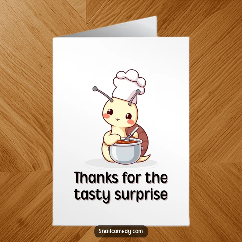 Funny Free Printable Thank You Card: Snail chef stirs a tiny pot, offering a heartfelt thank you dish.
