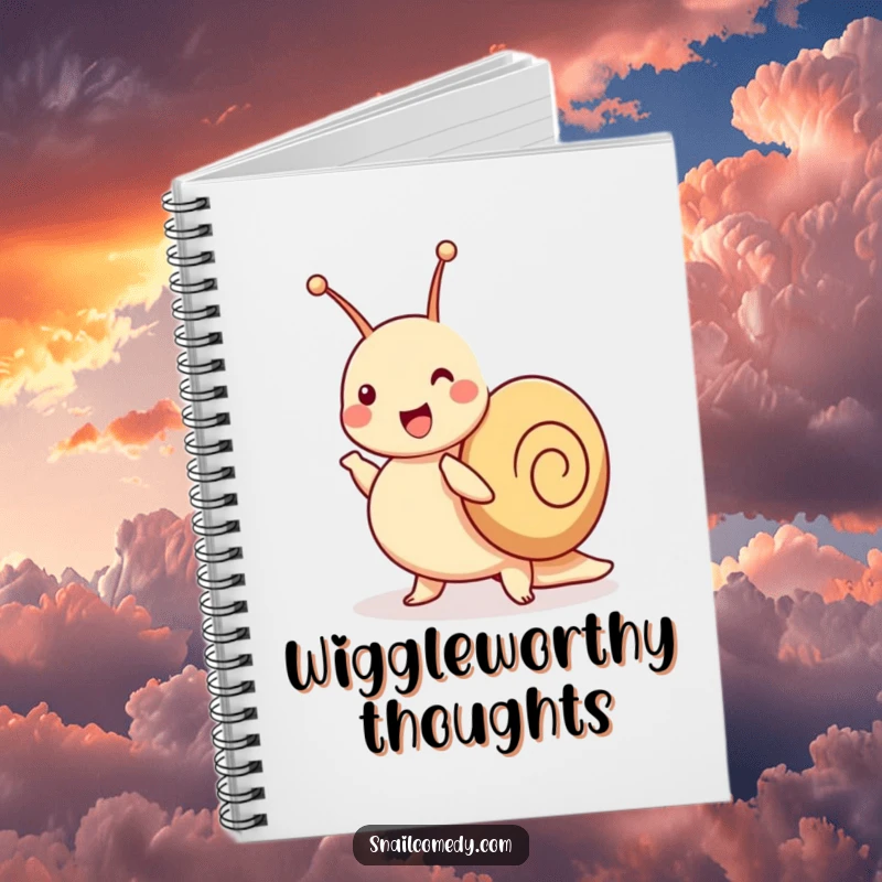 Funny snail notebook with a joyful snail dancing a jig and wiggling its antennae on the cover.
