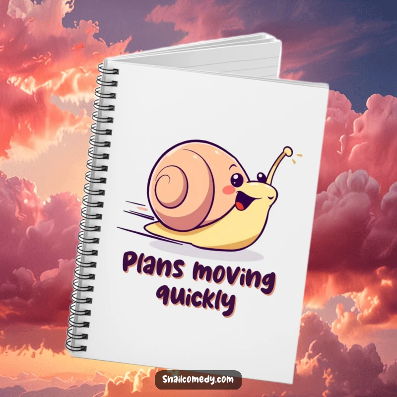 Excited kawaii snail zooming forward with surprising speed on a notebook, encouraging fast notes.