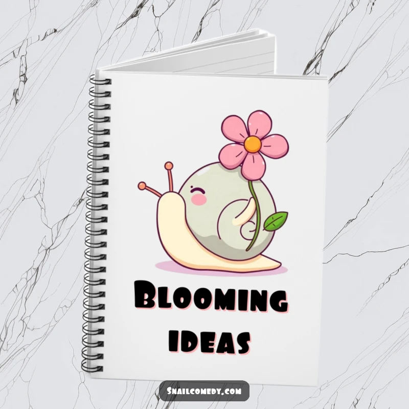 Funny Kawaii snail notebook with a cover depicting a cute snail proudly carrying a bright flower on its shell, for note-taking.