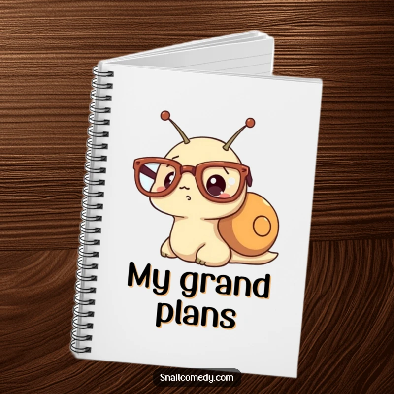 Funny notebook with a kawaii snail wearing oversized glasses and a hilariously surprised expression.
