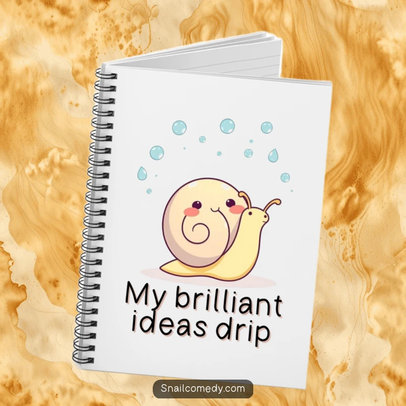 Funny kawaii snail notebook cover, a happy snail juggling raindrops, ready for your notes.