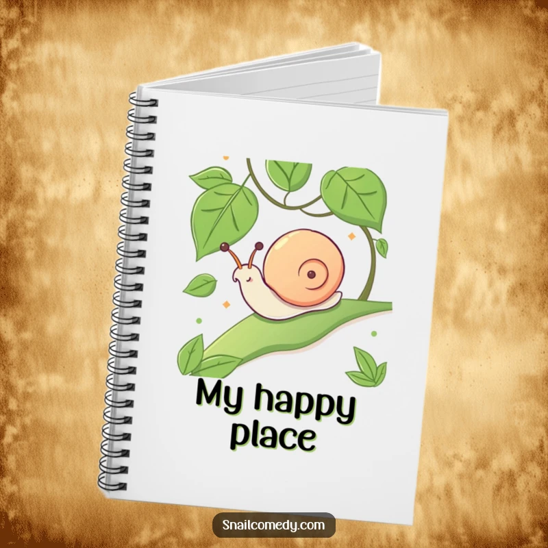 Funny notebook with a kawaii snail gleefully sliding down a leafy slope.
