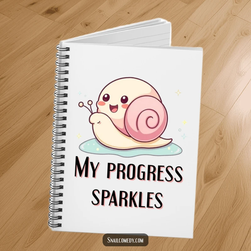 Funny kawaii snail notebook featuring a joyful snail leaving a sparkling slime trail, ideal for note-taking with a hint of magic.
