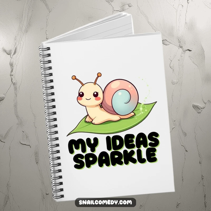 Funny Notebook: Smiling snail leaving a sparkly trail on a leaf, perfect for jotting down thoughts with magical snail humor.
