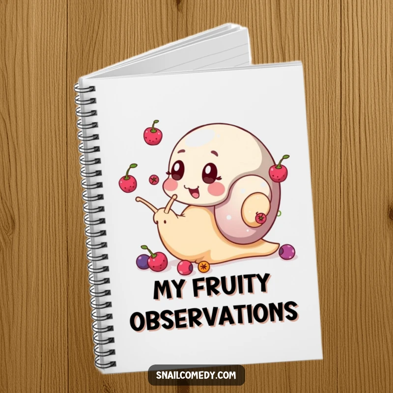 Funny snail notebook featuring a snail juggling berries with its eye stalks, ideal for capturing notes and creative inspiration.