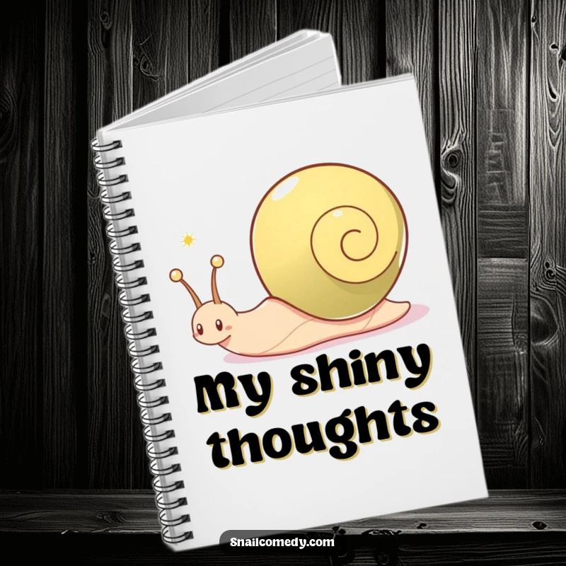 Funny snail notebook, a snail character joyfully leaves a shimmering trail, perfect for jotting down sparkling ideas.