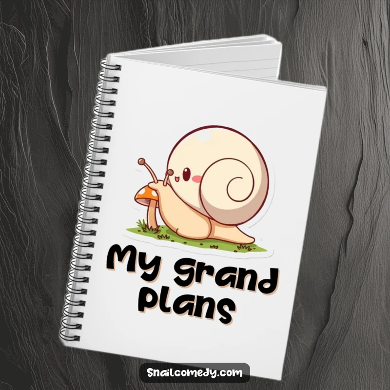 Funny snail notebook, a snail character enthusiastically explores a tiny mushroom, perfect for jotting down exploration notes.