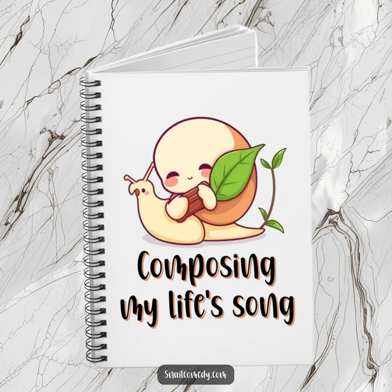 Funny snail notebook featuring a snail playing a leaf instrument, ideal for capturing notes and creative inspiration.