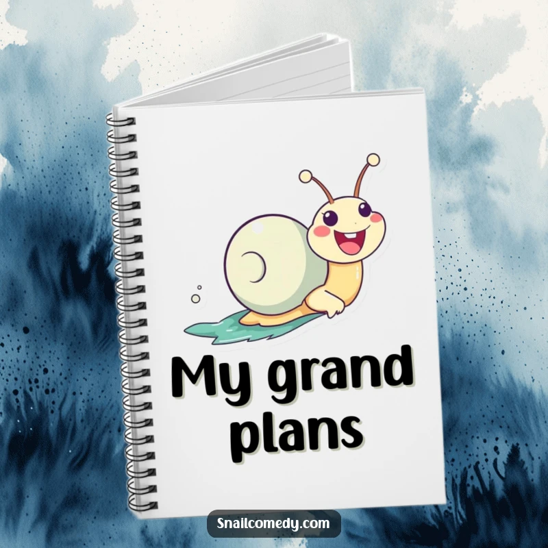 Funny Zooming Kawaii Snail Notebook, enthusiastically zooming with a huge smile, perfect for taking notes with humorous, speedy flair.