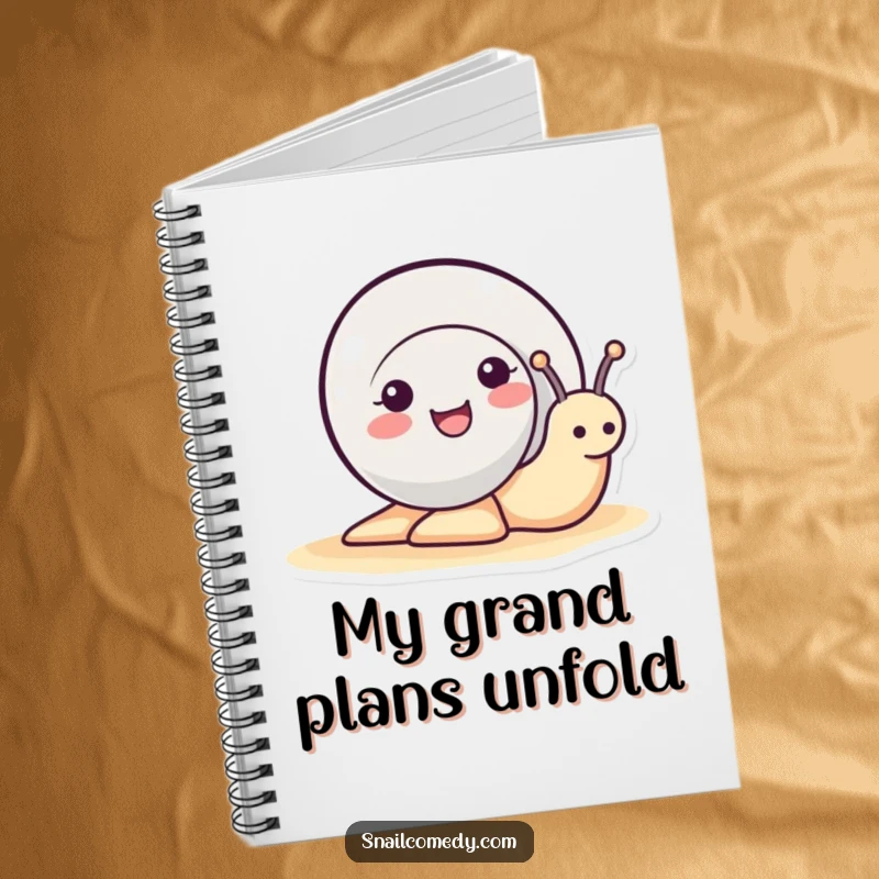 Funny cute snail peeking its head out of its head, smiling encouragingly on a lined notebook, a charming funny gift.