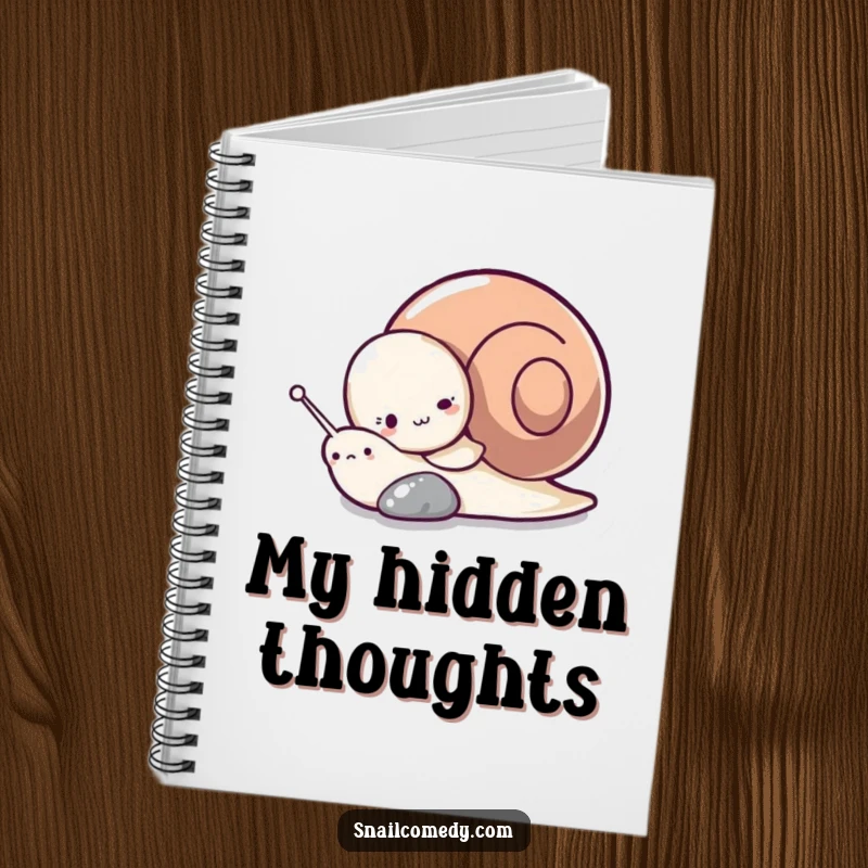 Funny notebook with a playful snail character hiding behind a pebble, perfect for journaling secrets or jotting down ideas.