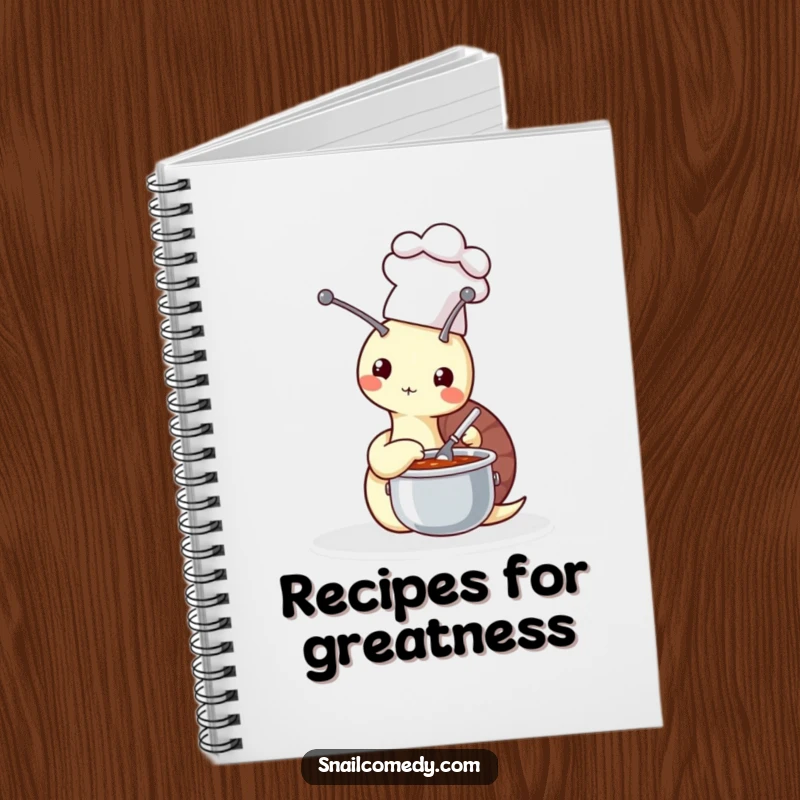 Funny snail chef stirring soup on a notebook cover, inspiring culinary creativity and humor, a great funny gift.