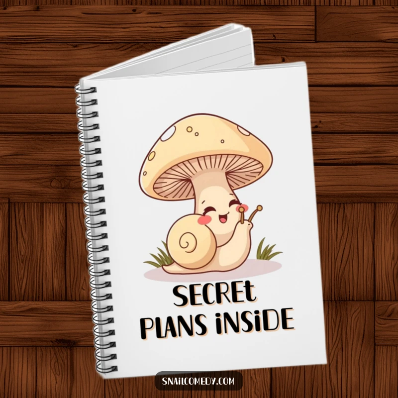 Funny Snail Notebook featuring a mischievous snail peeking from under a mushroom, giggling, ideal for secret notes.