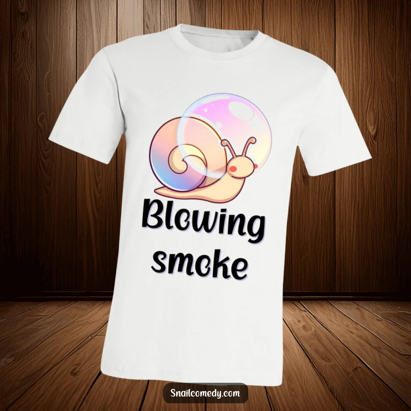 Funny kawaii snail t-shirt, blowing a large, iridescent bubble that reflects magical colors.