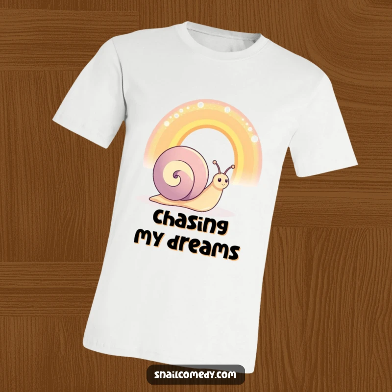 Funny happy snail character admiring an oversized, shimmering rainbow, vibrant t-shirt, perfect for cheerful days.