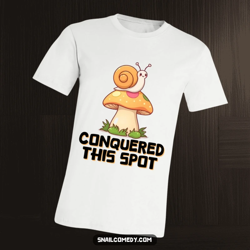 Funny Kawaii Snail T-Shirt: Happy snail waving a tiny flag on a mushroom, perfect funny gift.